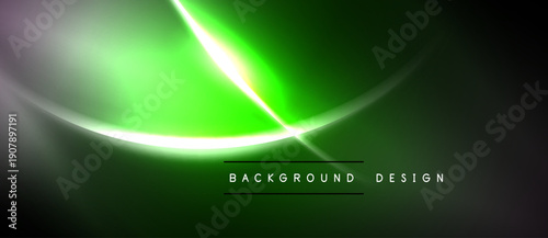 Abstract green background features curved lines, glowing effects. Dark shades dominate with bright highlights creating dynamic visual.