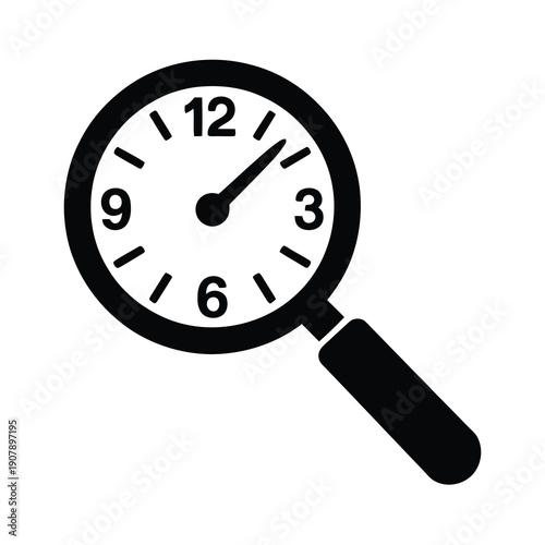 Vector graphic of a magnifying glass examining a clock with a black and white design