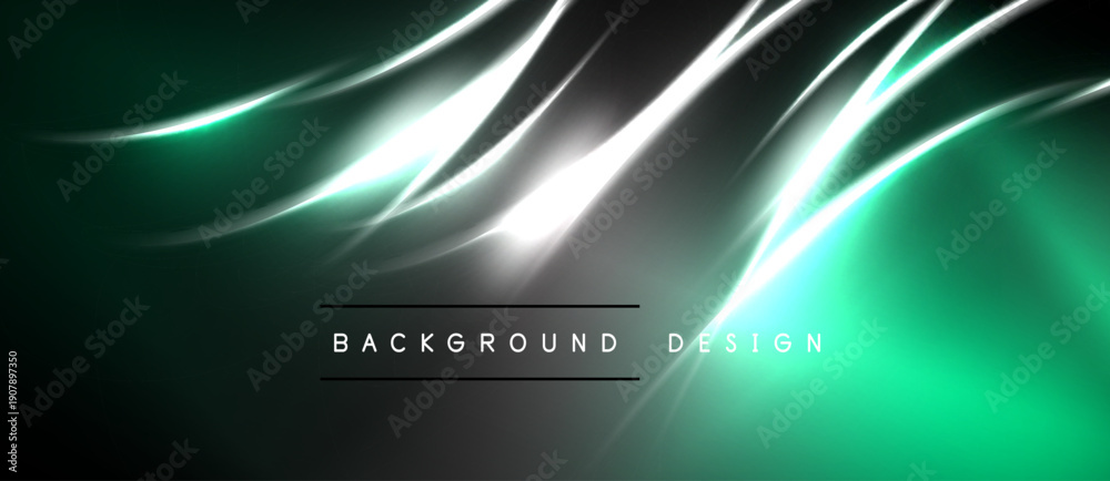 Naklejka premium Abstract flowing lines, vibrant green hues, dark background. Modern design element, sleek curves create dynamic visual impact.
