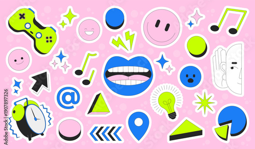 Pop emoji and retro Y2K digital fun colorful die-cut sticker sheet. Game controller. Internet vaporwave. Flat cartoon collage design. Vector illustration. Labels pack for journaling, scrapbooking