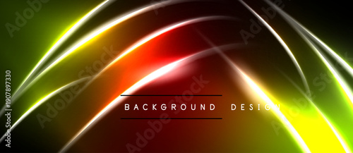 Bright neon lines create abstract waves. Colors blendyellow, red, greenover dark background. Modern design element.