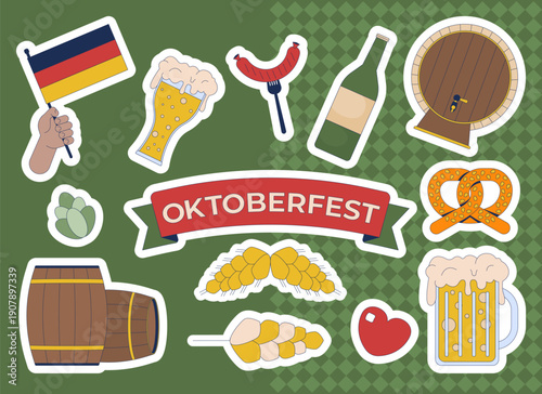 Oktoberfest beer festival colorful die-cut sticker sheet. Germany octoberfest. Bavarian brewery. Pub food. Flat cartoon collage design. Vector illustration. Labels pack for journaling, scrapbooking