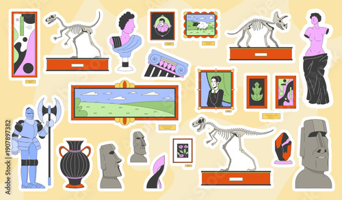 Museum art and history colorful die-cut sticker sheet. Framed paintings. Dinosaur skeletons. Gallery exhibits. Flat cartoon collage. Vector illustration. Labels pack for journaling, scrapbooking
