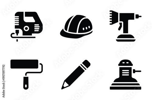 Set of six vector icons depicting various construction and painting tools on a white background