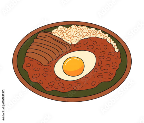 A vector graphic illustration of a plate of food with rice, meat, and egg