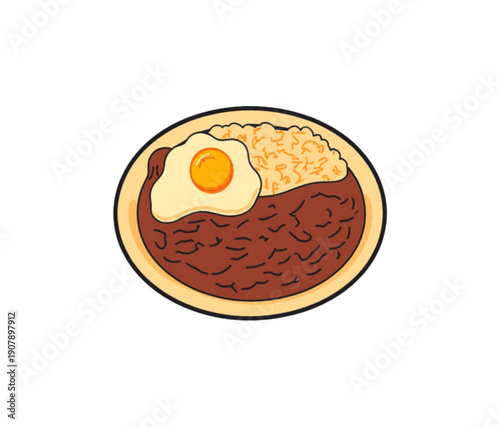 A vector graphic illustration of a plate of food with rice, beans, and a fried egg