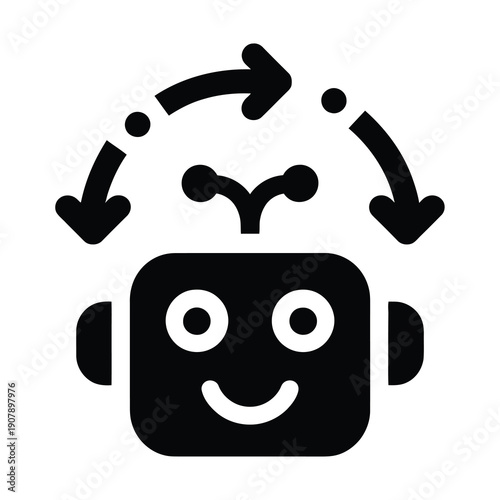 Vector graphic of a happy robot character with arrows indicating learning or adaptation process