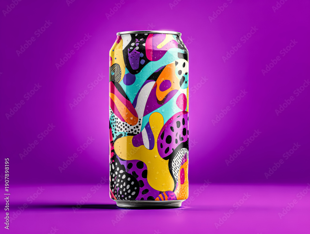 Obraz premium A vibrant beverage can featuring an abstract design with bold colors and patterns, set against a purple background. Ideal for showcasing modern packaging.