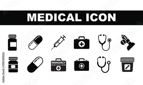 A collection of medical icons set on a white background with a black banner