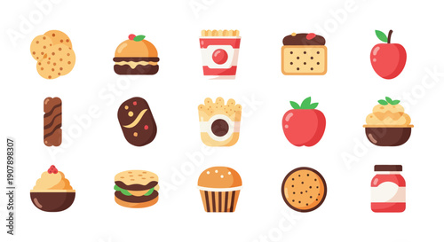 Colorful flat icon set assorted food items isolated on white background
