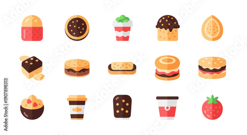 Colorful flat icon set of various desserts and sweet food items