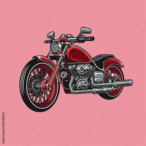 Detailed illustration of a classic deep red cruiser motorcycle featuring chrome accents and wire wheels set against a vibrant solid dark red background for striking visual impact in graphic design.