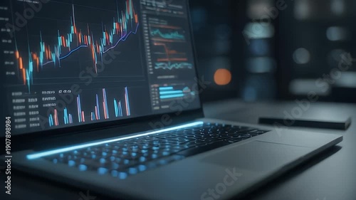 A laptop displays financial graphs and charts on its screen in a dark office environment viewed from a low angle