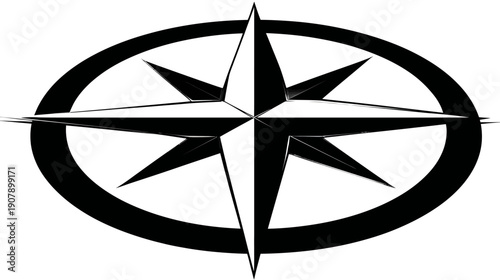 A black and white compass rose design. Centered, detailed, and enclosed in a thick circle outline