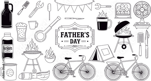 Black and white illustration of father's day gifts and treats isolated on transparent background