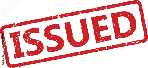 A rectangular red grunge rubber stamp with the word ISSUED prominently displayed on a clean white surface