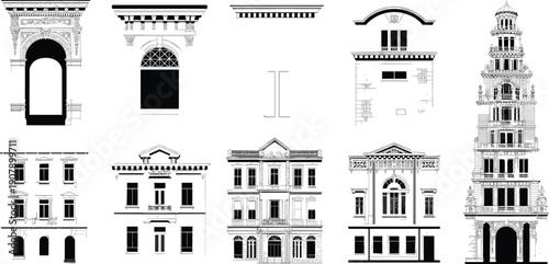 Collection of historic architectural facades illustration featuring classical European buildings, ornate windows arches towers, heritage landmark detailed line artwork set