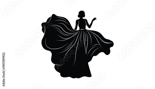 A black silhouette of a woman in a ball gown