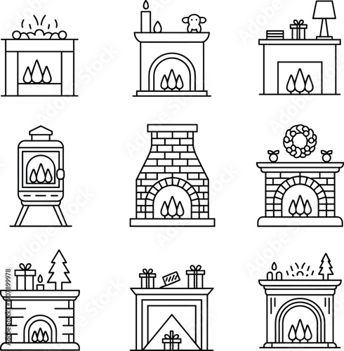 Fireplace icons collection with classic mantel wood stove brick hearth cozy home heating line vector illustration set design