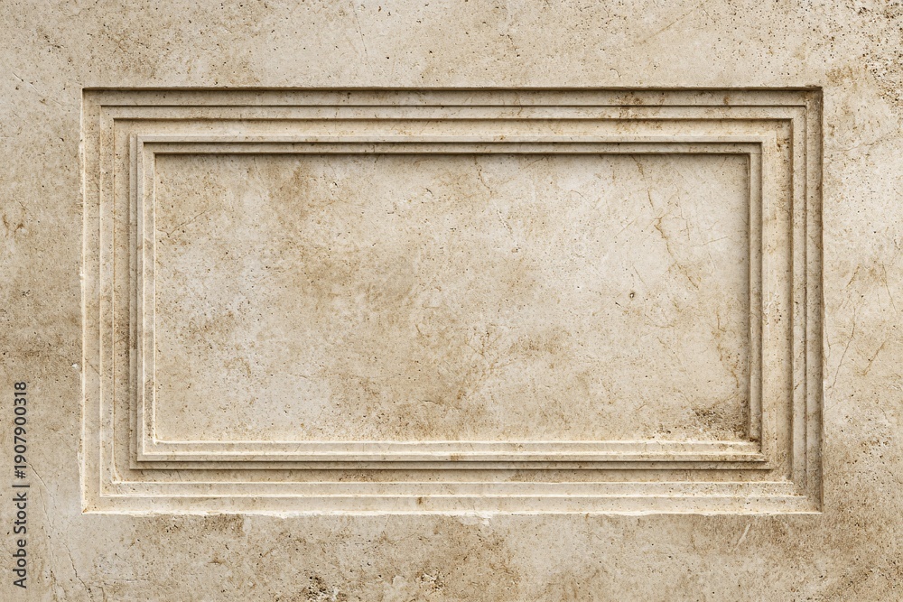 Fototapeta premium Empty vintage stone frame plaque on textured wall for signage or artwork display