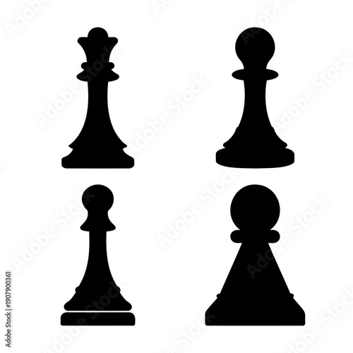 Iconic black chess pieces silhouette on white background showcasing strategy game elements