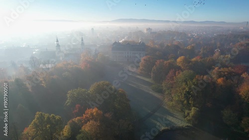 Pszczyna na Śląsku w Polsce. Polska złota jesień w parku pałacowym z lotu ptaka. Pałac w Pszczynie.