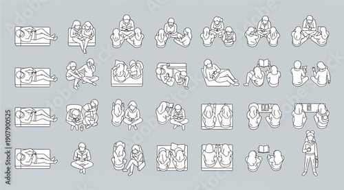 A collection of 25 black and white architectural blueprints on a gray background