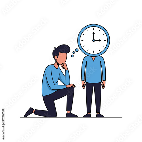 Man Kneeling Before Clock Head Person Concept