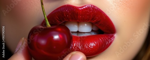 Sensual Closeup Red Lips and Cherry