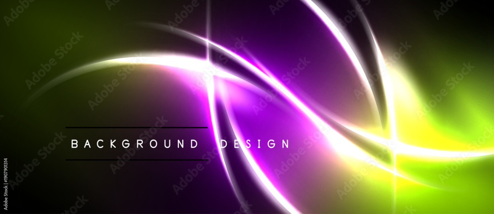 Naklejka premium Bright neon lines create dynamic abstract background. Purple, green hues blend, forming swirling energy patterns. Text reads background design.