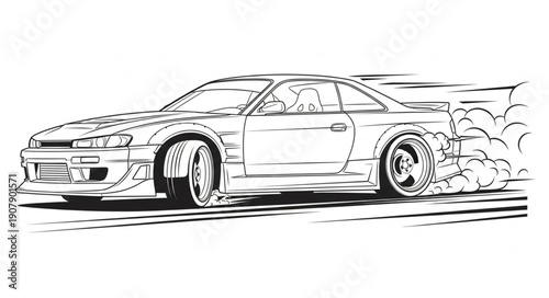Drifting Sports Car Speed Motion Smoke Line Art.