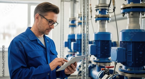 Wallpaper Mural Man technician using digital tablet to monitor industrial pumps in factory. Equipment maintenance and inspection process. Modern manufacturing technology and engineering concept Torontodigital.ca