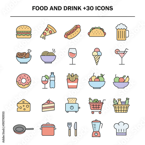 Assorted food and drink icons displayed on a clean white background from a straightforward viewpoint
