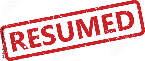 A red rectangular rubber stamp impression showcasing the word RESUMED is visible on a clean white surface