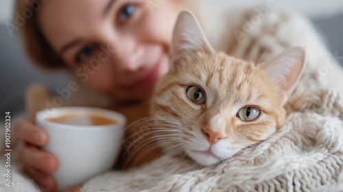 Happy woman with her ginger cat and coffee on the sofa.