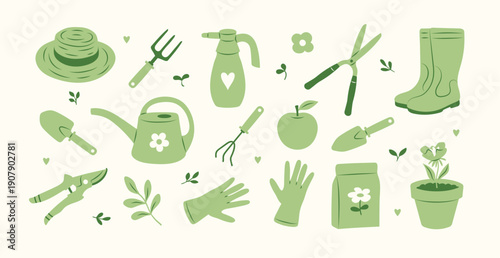 Hand drawn set of garden tools doodle illustrations
