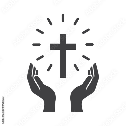 Pray hand with Christian cross icon isolated flat style design.