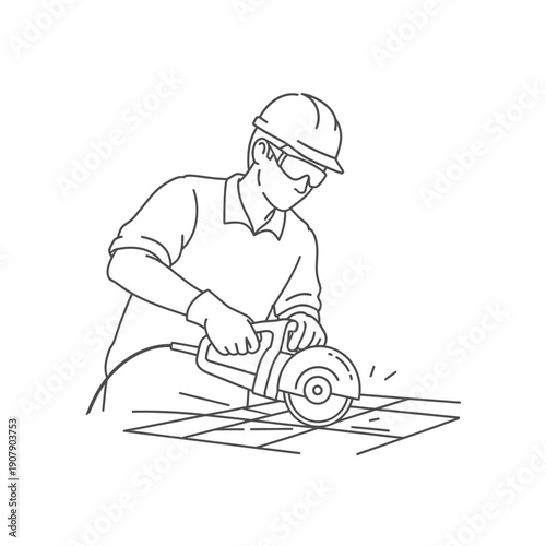 Craftsman cutting floor tiles with electric circular saw