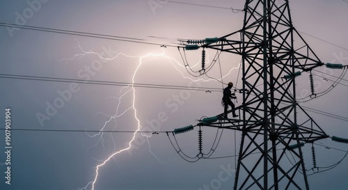 Wallpaper Mural Man climbing high voltage power transmission tower during intense thunderstorm with lightning strikes. Lineman performing risky electricity maintenance in severe weather conditions. Professional Torontodigital.ca
