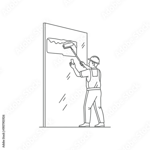 Decorator painting high interior wall with extension roller