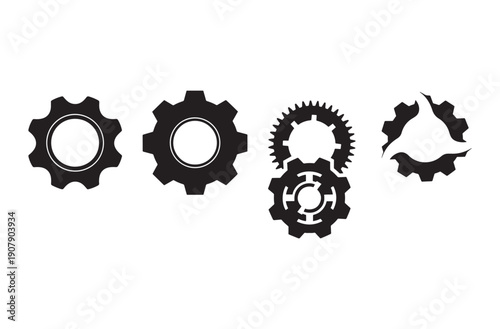 Foto Set of Black Metal Gears on White Background, Minimalist Industrial Line Art, Si