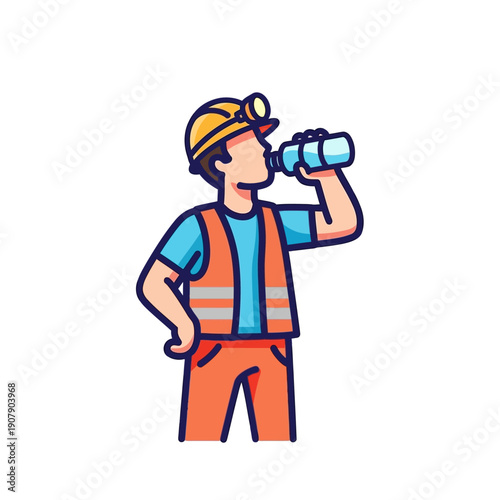 Dehydrated construction worker drinking water from bottle on break