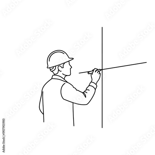 Draftsman marking measurements on wall with pencil line art