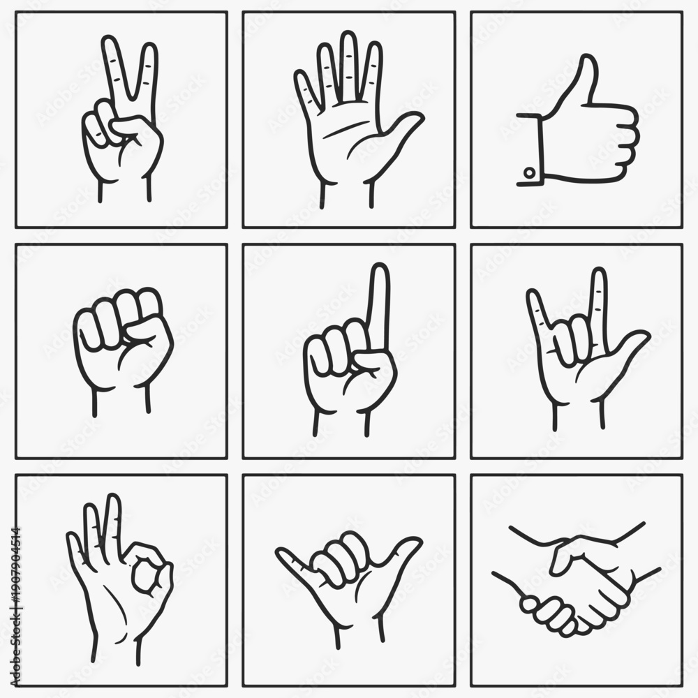 Fototapeta premium A set of hand drawings of thumbs up, thumbs down, and other hand gestures.