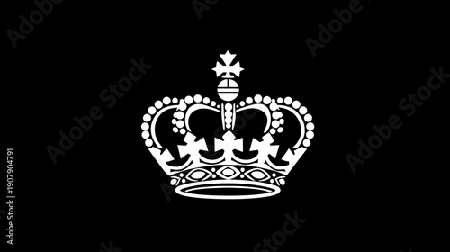 A white, elaborate crown with crosses, orbs, and curves against a black background