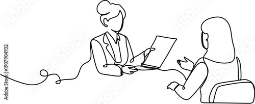 Continuous one line drawing of a businesswoman interviewing a candidate or discussing a document.