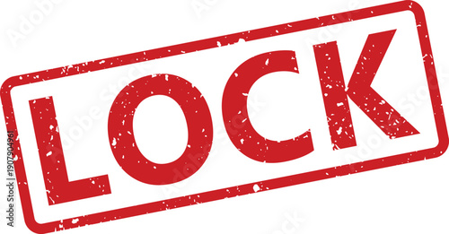 A striking red rubber stamp clearly shows the protective word LOCK against a pristine, clean white background