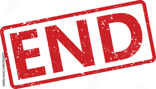 A striking red rubber stamp clearly displays the word END on a bright white background