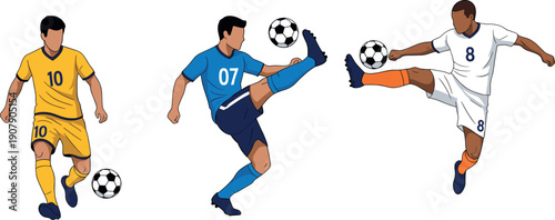Large collection of soccer players in diverse colorful jerseys dribbling and kicking football balls flat vector illustration