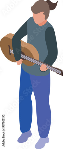 Isometric view of young musician playing acoustic guitar, showcasing creative hobby and musical talent